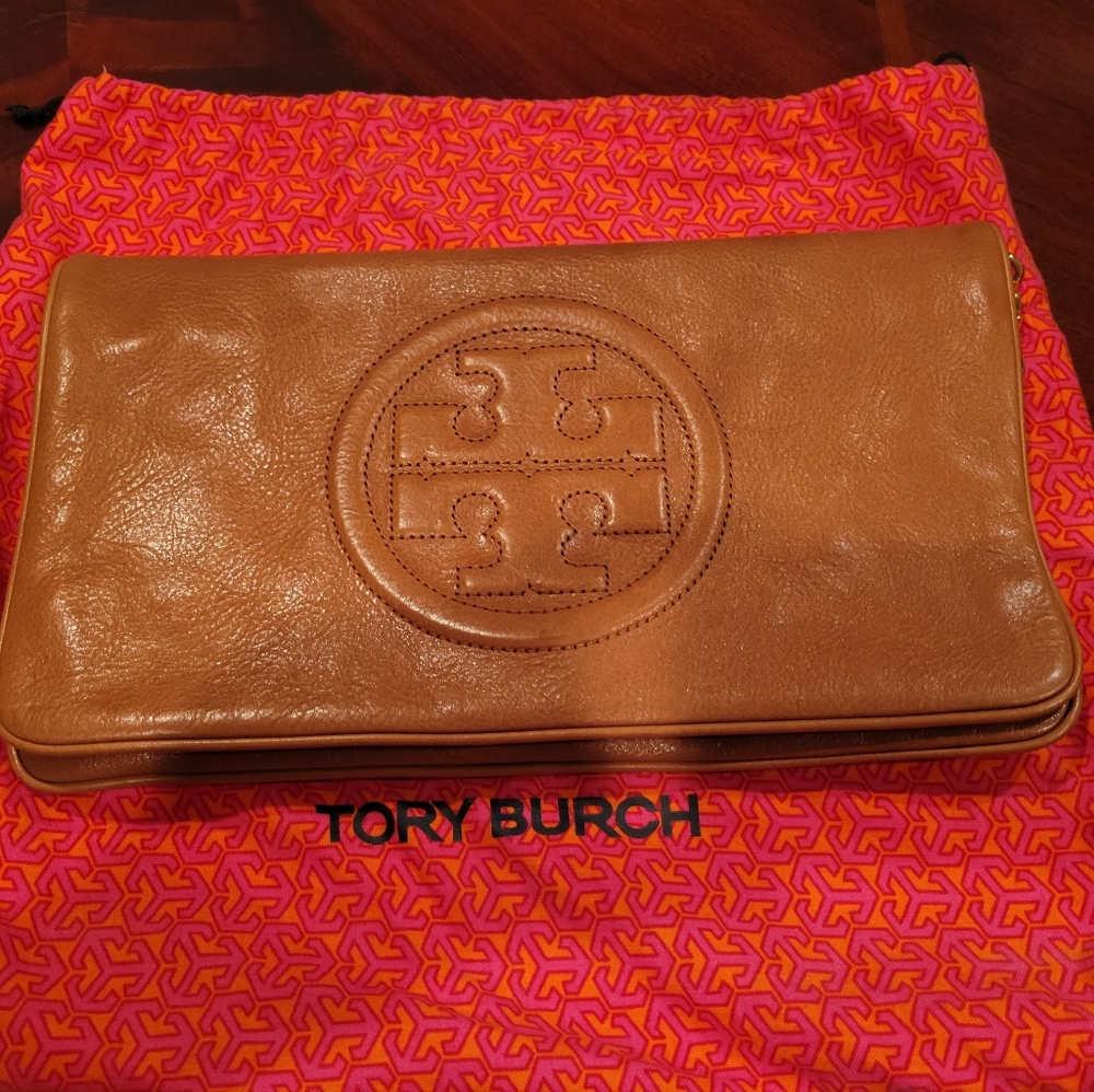 Tory Burch Tan Leather Bombe Clutch Shoulder Bag